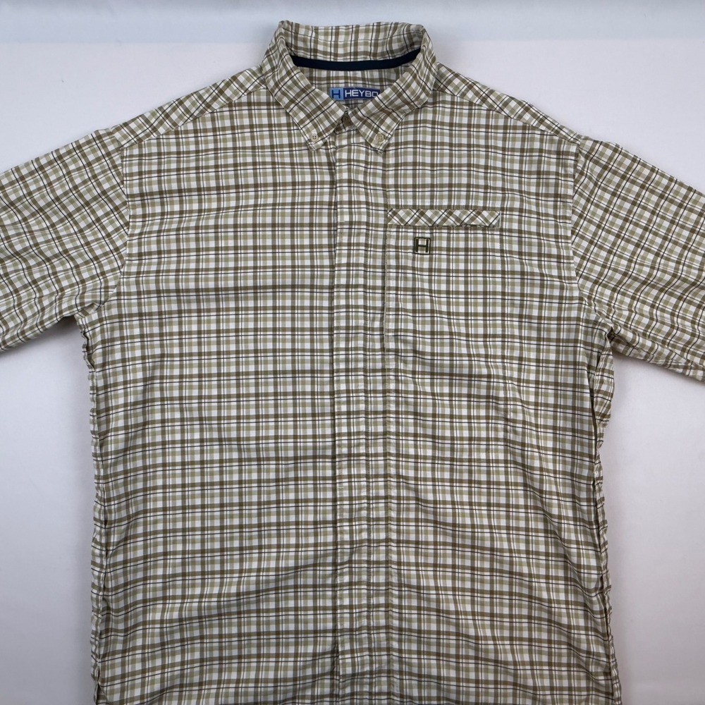 Heybo Outdoors Mens Medium Performance Plaid Long Sleeve Button Down Shirt Olive